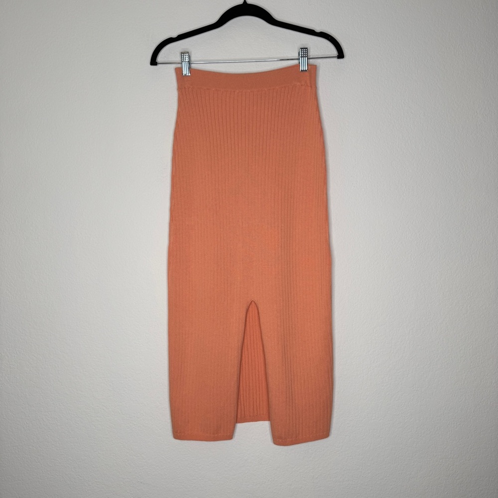 Free People Ribbed Midi Skirt Peach Cotton Blend Front Slit Casual Size L NWT